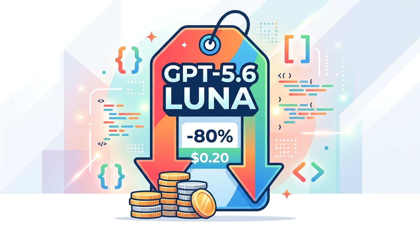 กราฟิกป้ายราคาลดลงพร้อมข้อความ GPT-5.6 LUNA -80% และตัวเลข $0.20 ต่อล้านโทเค็น