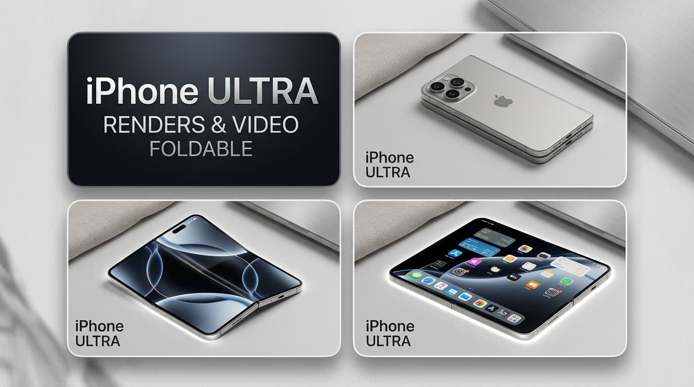 ภาพเรนเดอร์ iPhone Ultra แบบพับได้ สีขาวและสีดำ ดีไซน์บางเฉียบ กล้องคู่หลัง พื้นหลังสตูดิโอโทนสว่าง